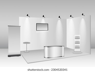 set of realistic trade exhibition stand or white blank exhibition kiosk or stand booth corporate commercial. eps vector