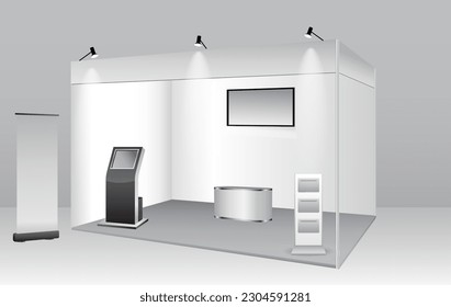 set of realistic trade exhibition stand or white blank exhibition kiosk or stand booth corporate commercial. eps vector