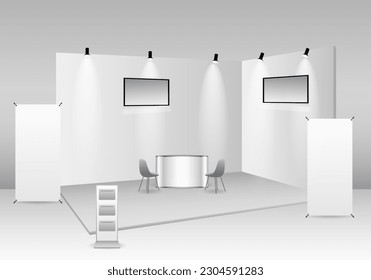 set of realistic trade exhibition stand or white blank exhibition kiosk or stand booth corporate commercial. eps vector