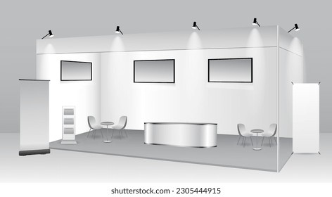 set of realistic trade exhibition stand or white blank exhibition kiosk or stand booth corporate commercial. eps vector
