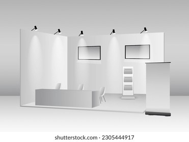 set of realistic trade exhibition stand or white blank exhibition kiosk or stand booth corporate commercial. eps vector
