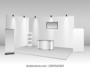 set of realistic trade exhibition stand or white blank exhibition kiosk or stand booth corporate commercial. eps vector