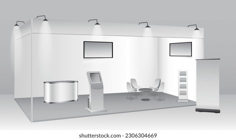 set of realistic trade exhibition stand or white blank exhibition kiosk or stand booth corporate commercial. eps vector