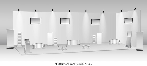 set of realistic trade exhibition stand or white blank exhibition kiosk or stand booth corporate commercial. eps vector
