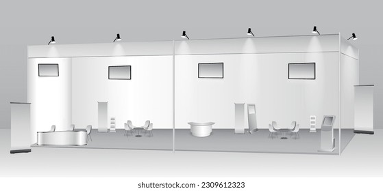 set of realistic trade exhibition stand or white blank exhibition kiosk or stand booth corporate commercial. eps vector