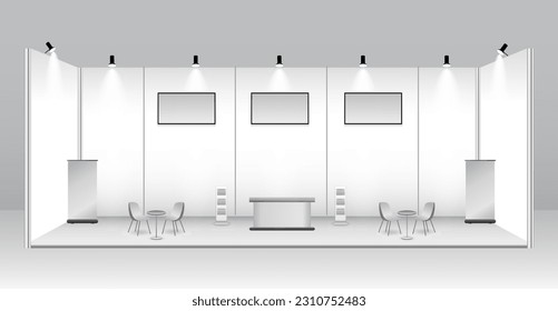 set of realistic trade exhibition stand or white blank exhibition kiosk or stand booth corporate commercial. eps vector