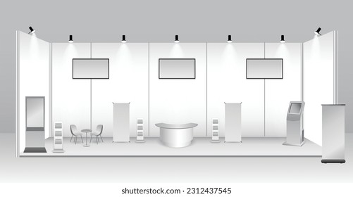 set of realistic trade exhibition stand or white blank exhibition kiosk or stand booth corporate commercial. eps vector