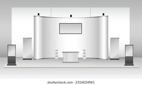 set of realistic trade exhibition stand or white blank exhibition kiosk or stand booth corporate commercial. eps vector