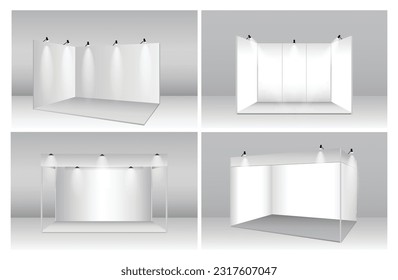 set of realistic trade exhibition stand or white blank exhibition kiosk or stand booth corporate commercial. eps vector