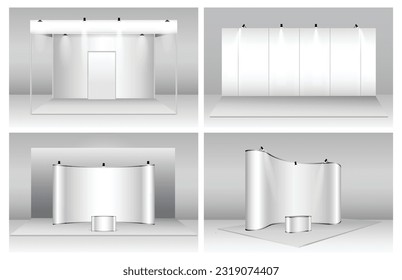 set of realistic trade exhibition stand or white blank exhibition kiosk or stand booth corporate commercial. eps vector