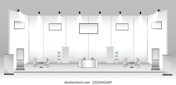 set of realistic trade exhibition stand or white blank exhibition kiosk or stand booth corporate commercial. eps vector