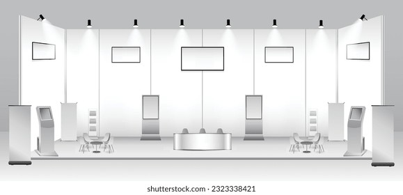 set of realistic trade exhibition stand or white blank exhibition kiosk or stand booth corporate commercial. eps vector