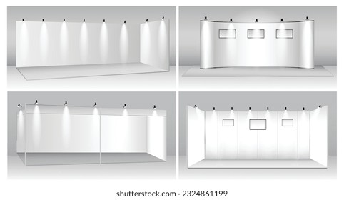 set of realistic trade exhibition stand or white blank exhibition kiosk or stand booth corporate commercial. eps vector