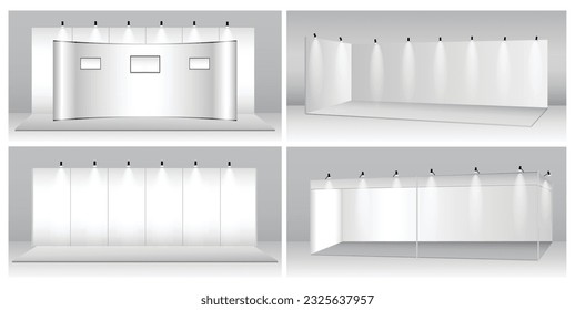 set of realistic trade exhibition stand or white blank exhibition kiosk or stand booth corporate commercial. eps vector