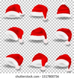 Set of realistic traditional Santa Claus red hats vector illustration isolated on transparent background.