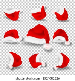 Set of realistic traditional Santa Claus red hats vector illustration isolated on transparent background.