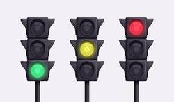 Set of realistic traffic lights in 3D style, isolated on a light background. Vector illustration.