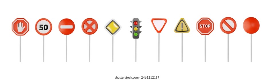 Set of realistic traffic signs. 3D vector collection of traffic control signs: traffic lights, stop signs, speed limits and priority signs isolated for universal use.