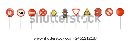 Set of realistic traffic signs. 3D vector collection of traffic control signs: traffic lights, stop signs, speed limits and priority signs isolated for universal use.