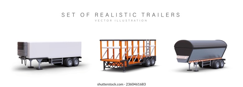 Set of realistic trailers with open and closed body. Industrial trailers and semi trailers. Refrigerator, grain, straight utility trailer. Color isolated image on white background