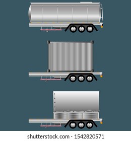 Set of realistic trailers. Refrigerator refrigerator semi-trailer. Isotherm. Container ship. Timber trucks Fuel tank. Tank and trailer breather