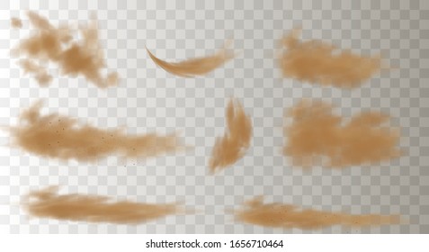 Set of realistic trails Road dust, dust from under the wheels, from under the horses' hooves isolated on a transparent background. Brown dusty cloud or dry sand flying with a gust of wind. 