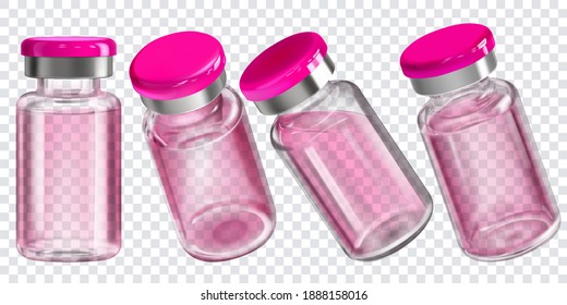 Set of realistic translucent coronavirus vaccine bottles with pink caps on transparent background