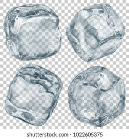 Set Of Realistic Translucent Ice Cubes In Gray Color On Transparent Background. Transparency Only In Vector Format