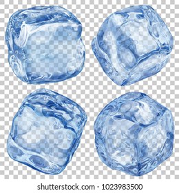 Set of realistic translucent ice cubes in blue color on transparent background. Transparency only in vector format
