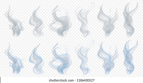 Set of realistic translucent smoke or steam in gray and light blue colors, isolated on transparent background. Transparency only in vector format