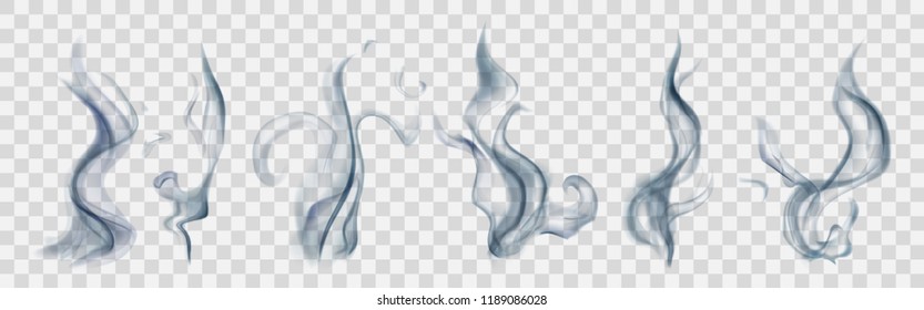 Set of realistic translucent smoke or steam in light blue colors, isolated on transparent background. Transparency only in vector format