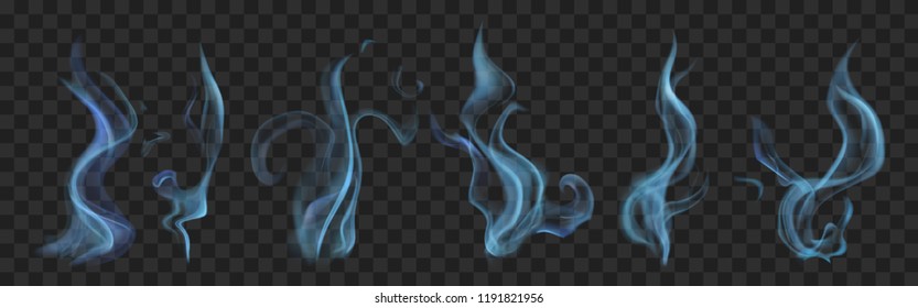Set of realistic translucent smoke or steam in light blue colors, isolated on transparent background. Transparency only in vector format