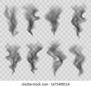 Set of realistic translucent smoke or steam iisolated on transparent background. Vector illustration.