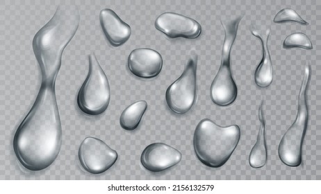 Set of realistic translucent water drops in gray colors in various shape and size, isolated on transparent background. Transparency only in vector format