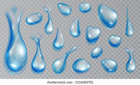 Set of realistic translucent water drops in light blue colors in various shape and size, isolated on transparent background. Transparency only in vector format