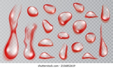 Set of realistic translucent water drops in red colors in various shape and size, isolated on transparent background. Transparency only in vector format