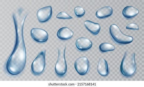 Conjunto de gotas de agua translúcidas realistas en colores azules de diversas formas y tamaños, aisladas en un fondo transparente. Transparencia sólo en formato vectorial