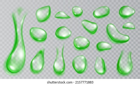 Conjunto de gotas de agua translúcidas realistas en colores verdes de diversas formas y tamaños, aisladas en un fondo transparente. Transparencia sólo en formato vectorial