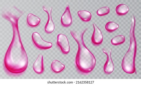 Set of realistic translucent water drops in purple colors in various shape and size, isolated on transparent background. Transparency only in vector format
