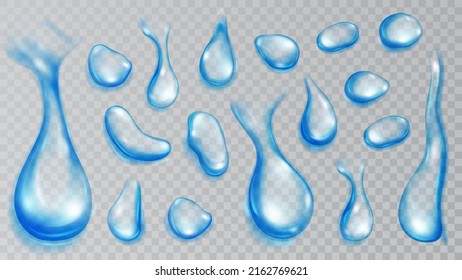 Set of realistic translucent water drops in light blue colors in various shape and size, isolated on transparent background. Transparency only in vector format