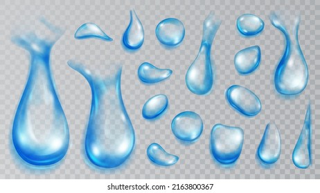 Set of realistic translucent water drops in light blue colors in various shape and size, isolated on transparent background. Transparency only in vector format