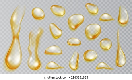 Set of realistic translucent water drops in yellow colors in various shape and size, isolated on transparent background. Transparency only in vector format