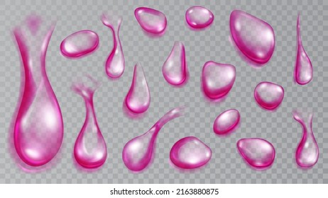 Set of realistic translucent water drops in purple colors in various shape and size, isolated on transparent background. Transparency only in vector format