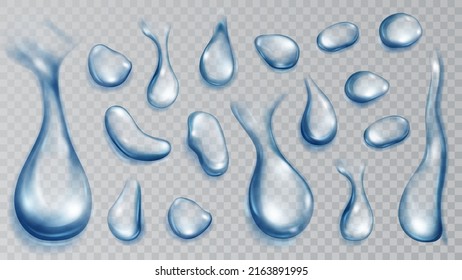 Set of realistic translucent water drops in blue colors in various shape and size, isolated on transparent background. Transparency only in vector format
