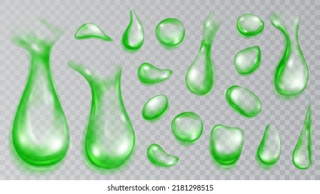 Set of realistic translucent water drops in green colors in various shape and size, isolated on transparent background. Transparency only in vector format