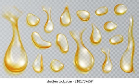 Set of realistic translucent water drops in yellow colors in various shape and size, isolated on transparent background. Transparency only in vector format