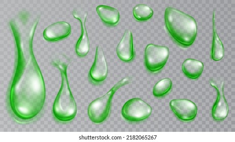 Set of realistic translucent water drops in green colors in various shape and size, isolated on transparent background. Transparency only in vector format