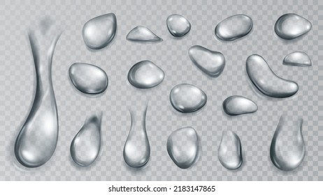 Conjunto de gotas de agua translúcidas realistas en colores grises de diversas formas y tamaños, aisladas en un fondo transparente. Transparencia sólo en formato vectorial