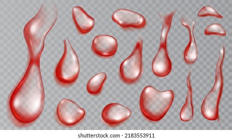 Conjunto de gotas de agua translúcidas realistas en colores rojos de diversas formas y tamaños, aisladas en un fondo transparente. Transparencia sólo en formato vectorial