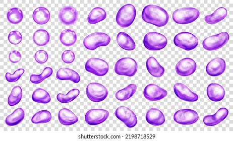 Set of realistic translucent water drops in purple colors in various shapes, isolated on transparent background. Transparency only in vector format
